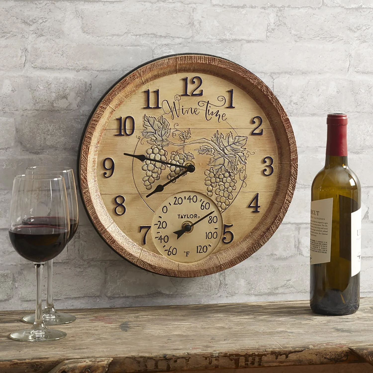 14" Wine Time Clock with Thermometer