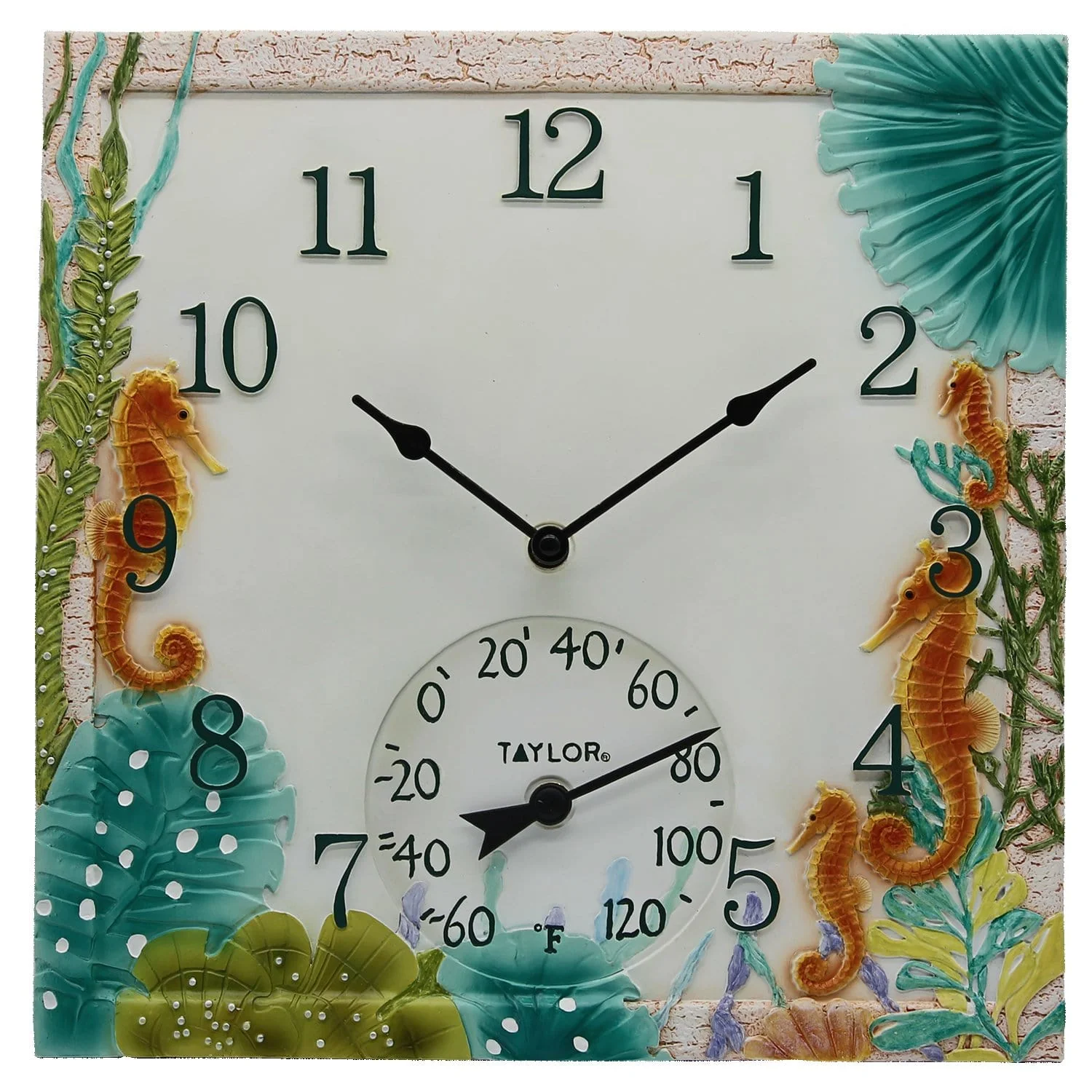 14"x14" Seahorse Clock with Thermometer
