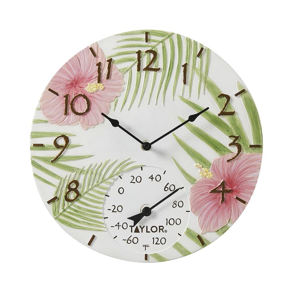 14" Pink Hibiscus Poly Resin Clock with Thermometer