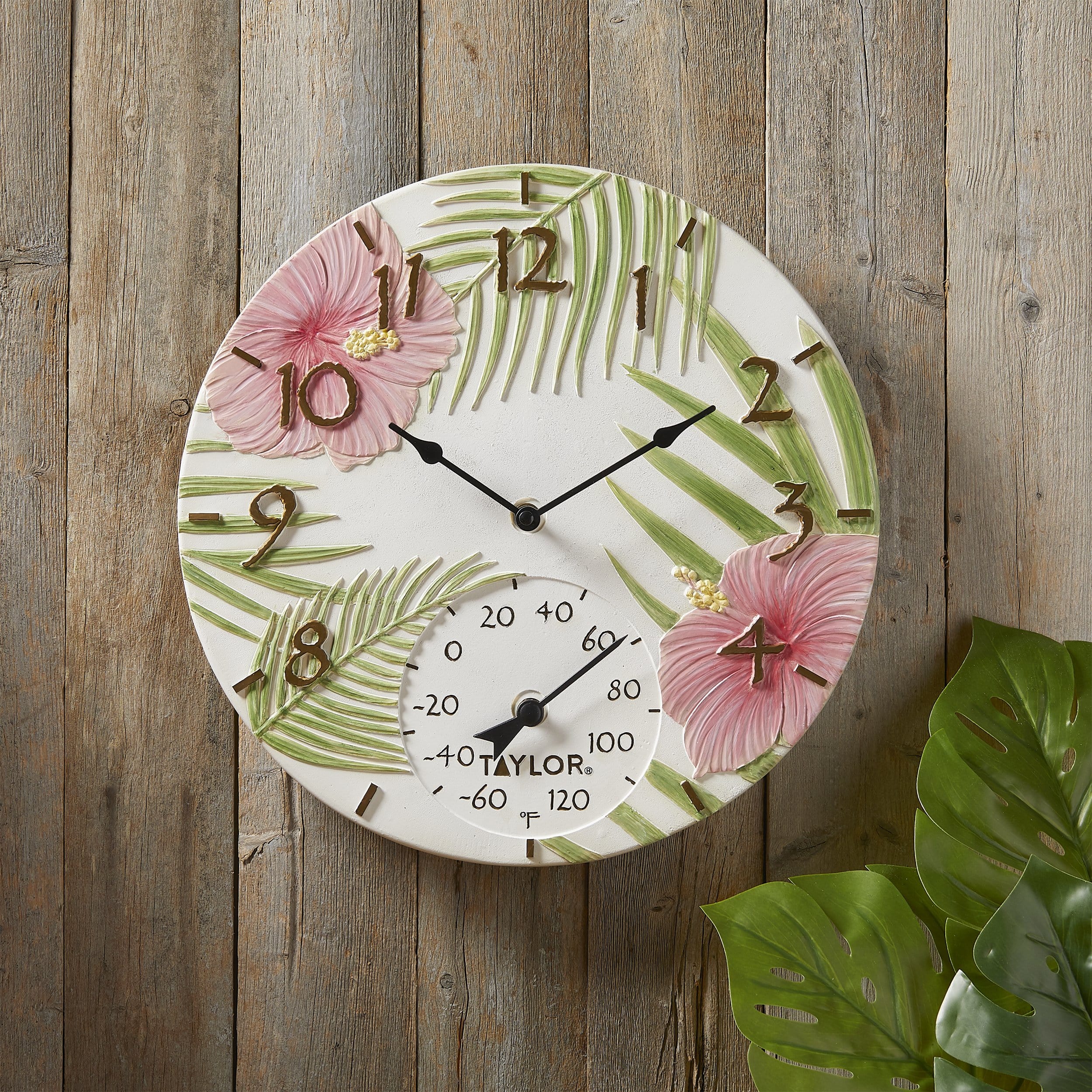 14" Pink Hibiscus Poly Resin Clock with Thermometer 4 14" Pink Hibiscus Poly Resin Clock with Thermometer