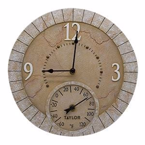 14" Terra Cotta Stone Clock with Thermometer