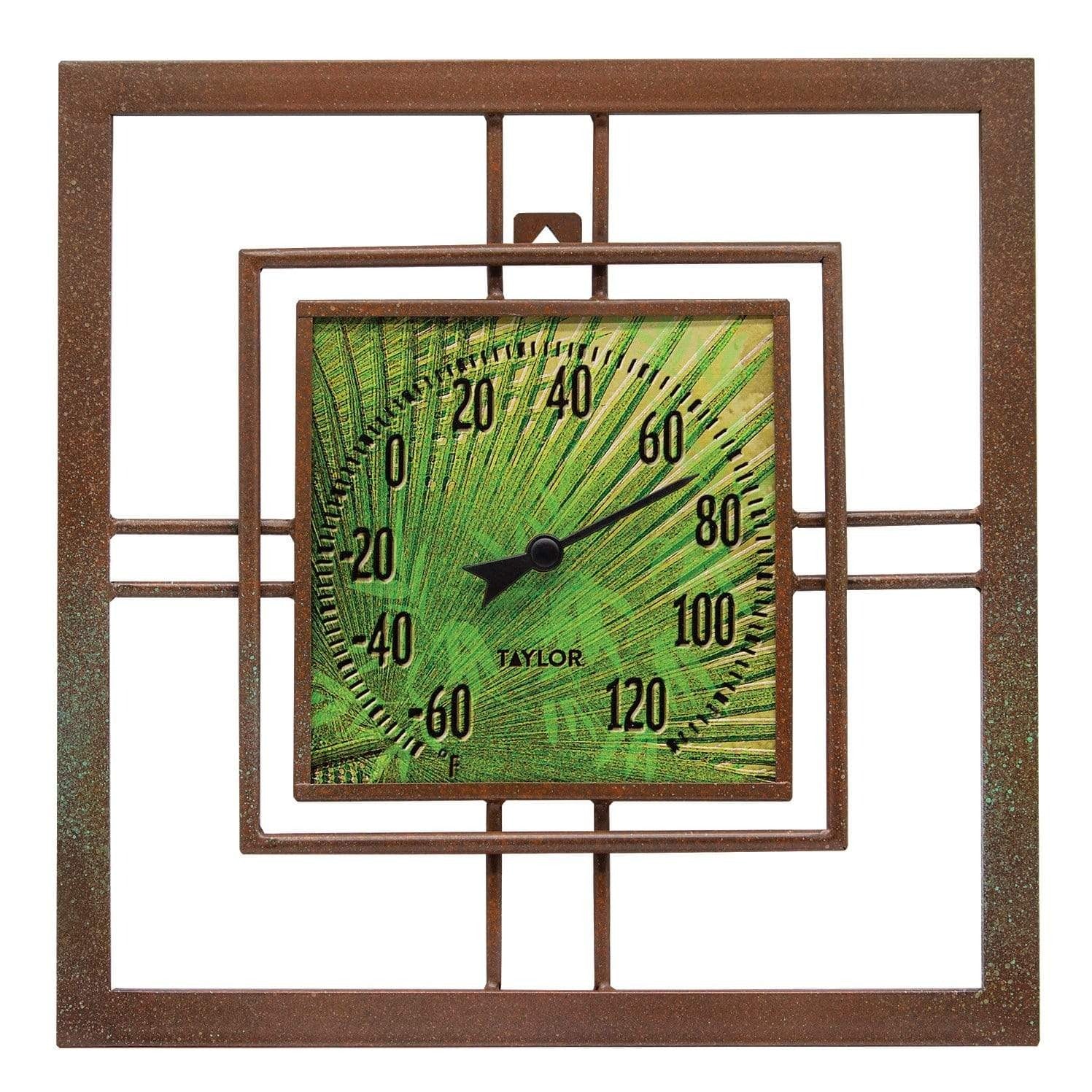 14"x14" Bamboo Leaf Glass & Antique Bronze Metal Thermometer