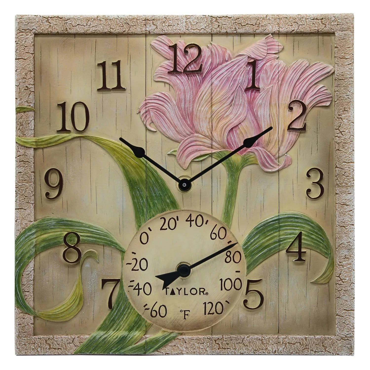 14" Beechwood Flower Clock with Thermometer
